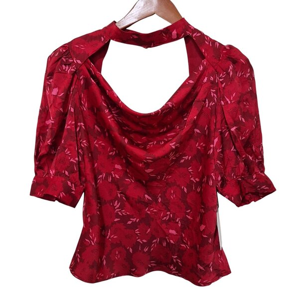 ASTR The Label Red Floral Mock Neck Cowl Drape Top Women's M Baddie EMO - Picture 3 of 9